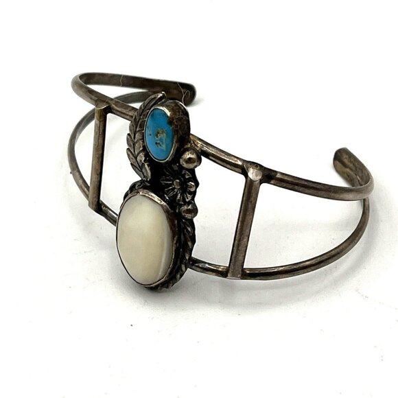 Vintage Native American Sterling Silver Turquoise MOP Cuff Bracelet 6.5" - Picture 5 of 8